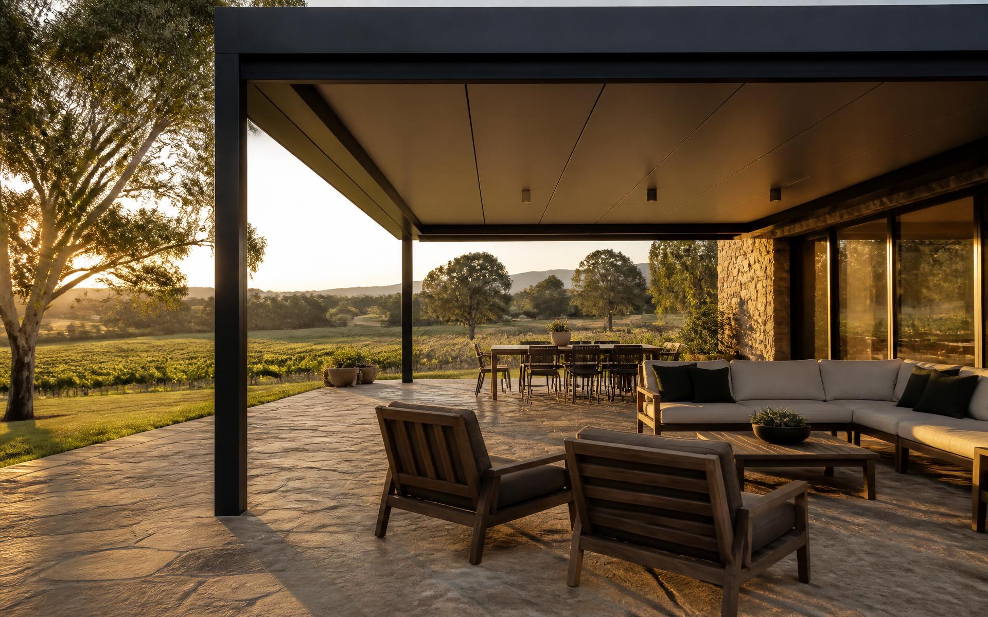 Modern insulated patio attached to a Mudgee home at dusk