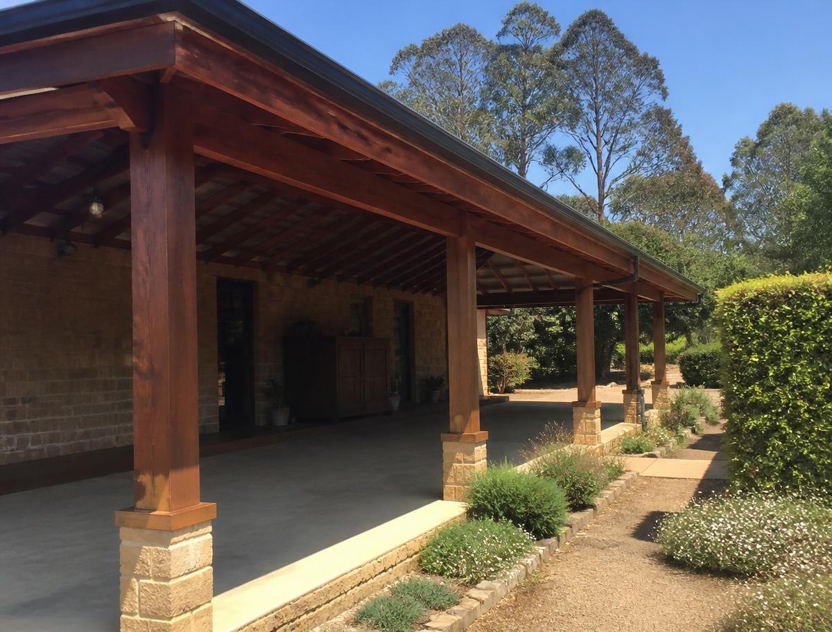 Restored ironbark timber awning after works